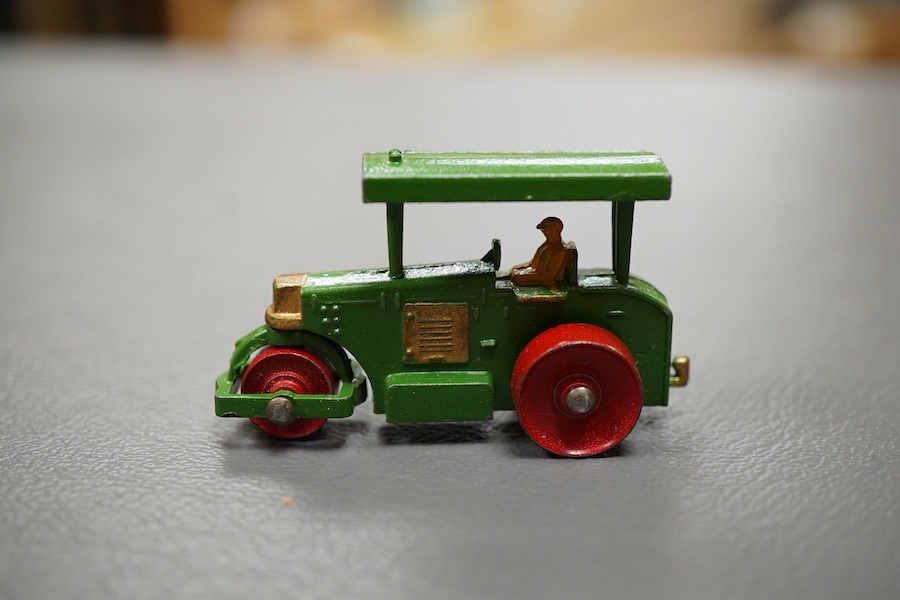 Ten boxed Matchbox Series 1-75 regular wheels vehicles; 1; Aveling Barford Road Roller, 3; Cement Mixer, 4; Massey Harris Tractor, 6; Quarry Truck (flaps on one end reattached with tape repair), 7; Horse drawn milk float